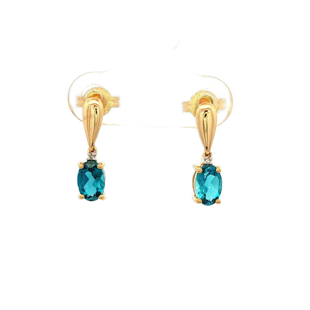 Bluish-Green Topaz and Diamond Drop Earrings in Yellow Gold