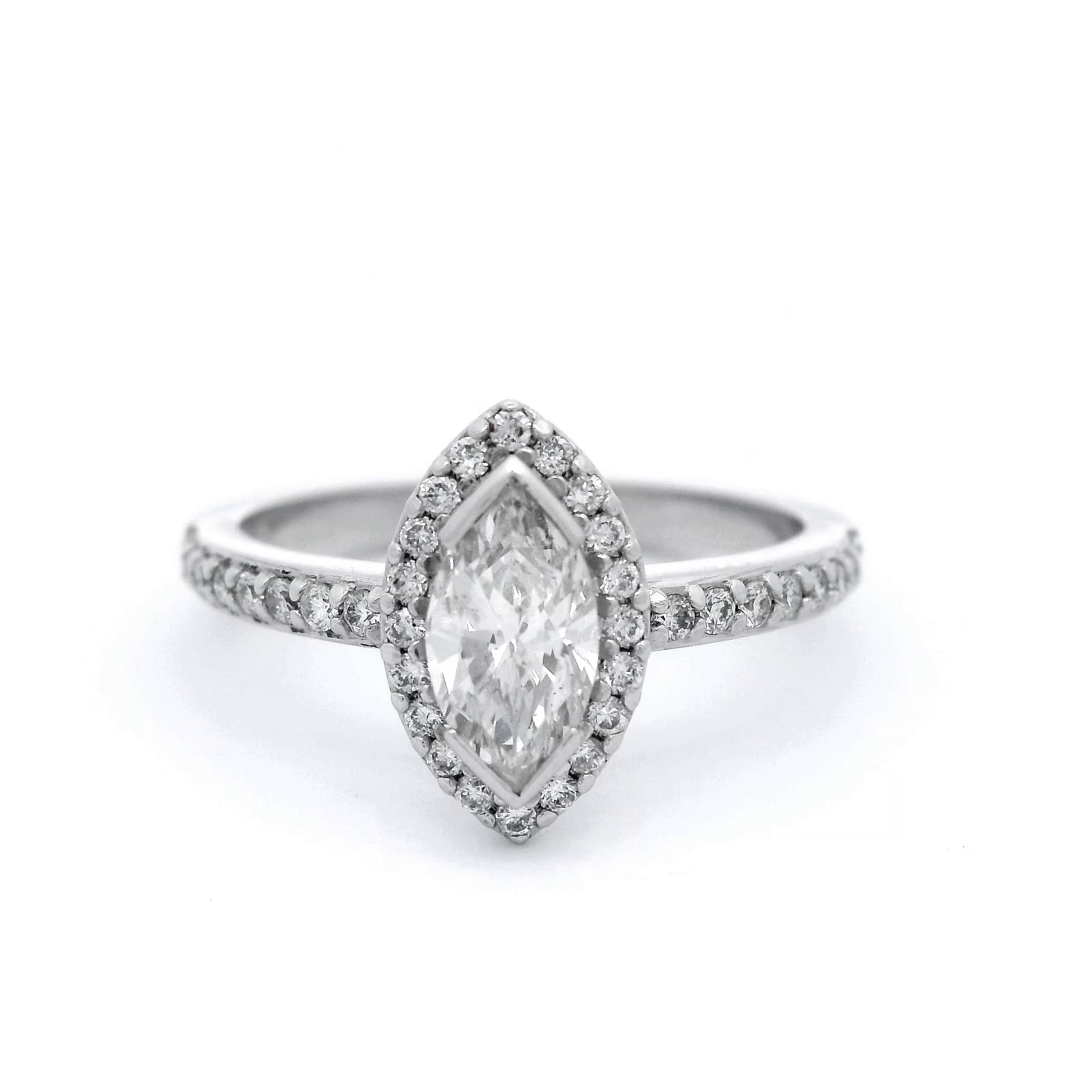 Marquise Diamond and Diamond Halo Engagement Ring in 18 Carat White Gold