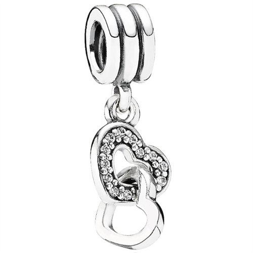 Interlocking Hearts Silver Hanging Charm w CZ