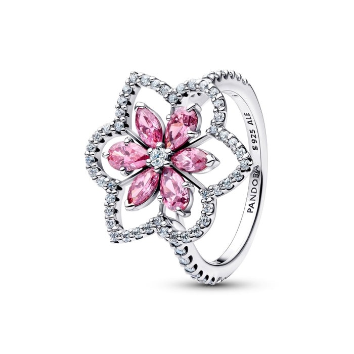 Herbarium cluster sterling silver ring with fancy pink and clear cubic zirconia
