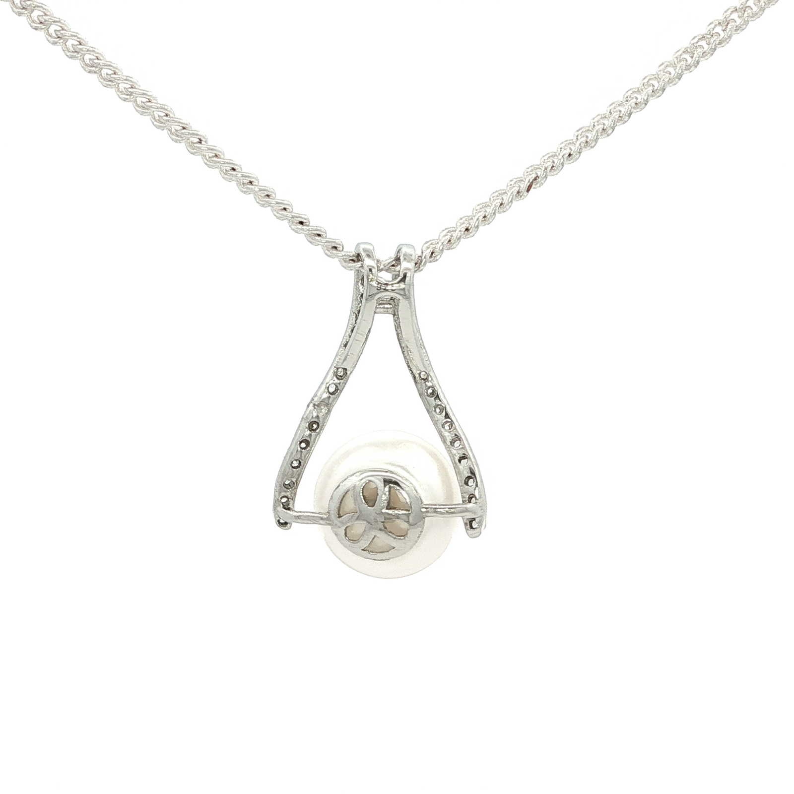 White Freshwater Pearl Wishbone Pendant Encrusted with Cubic Zirconias