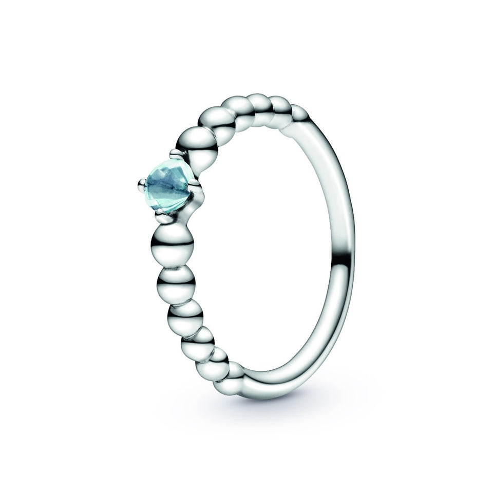 March Aqua Blue Silver Ring with Man-Made Water Blue Crystal