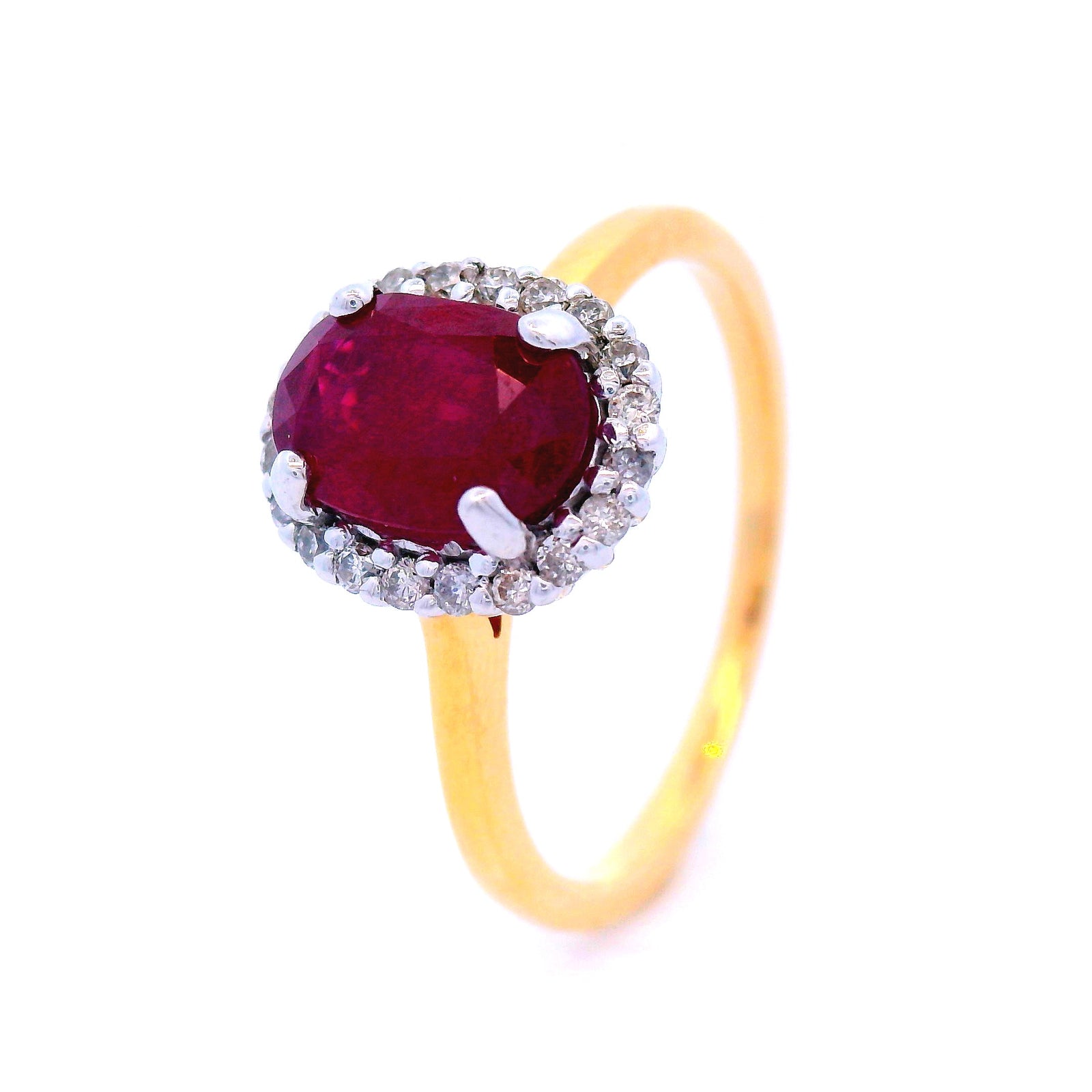 Oval Shaped Ruby with Diamond Halo Cluster in Yellow Gold