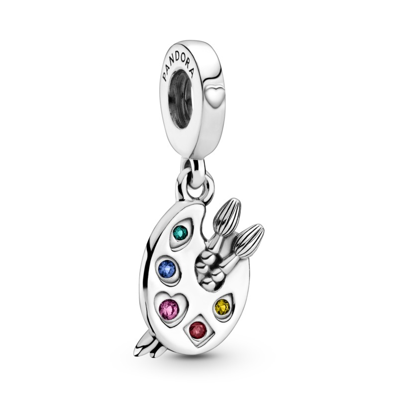Artist's Palette Hanging Silver Charm w Red CZ & Mixed Crystal