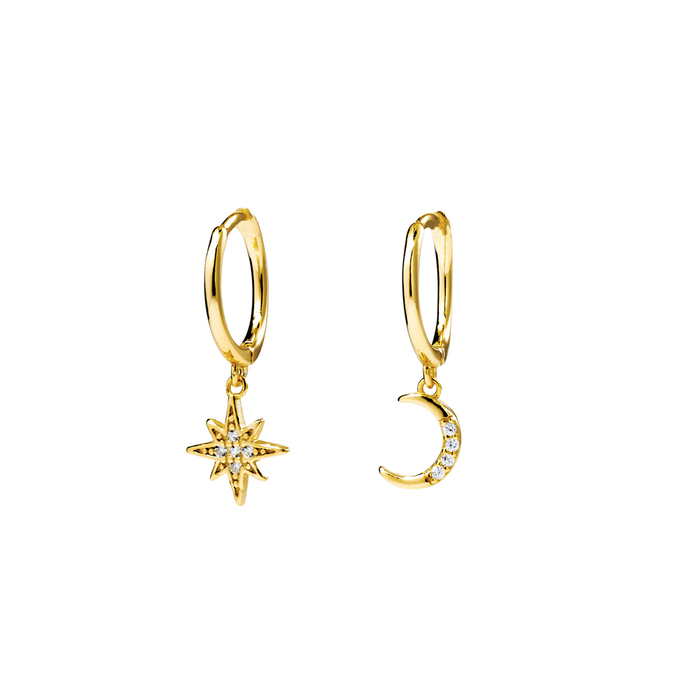 Premium Plated Brass Huggies with Star and Moon Charms