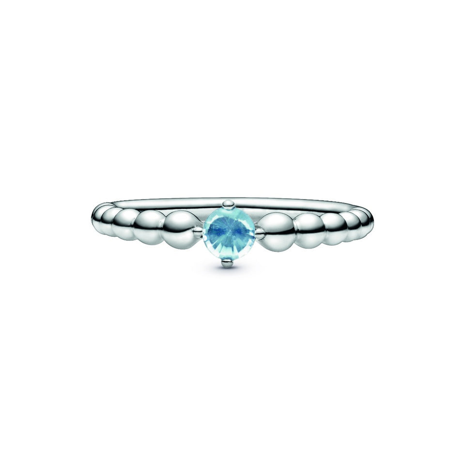 March Aqua Blue Silver Ring with Man-Made Water Blue Crystal