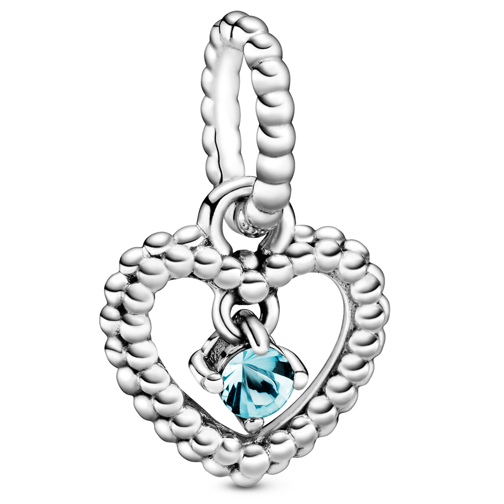 Pandora March Aqua Blue Heart Silver Hanging Charm with Man-Made Water Blue Crystal