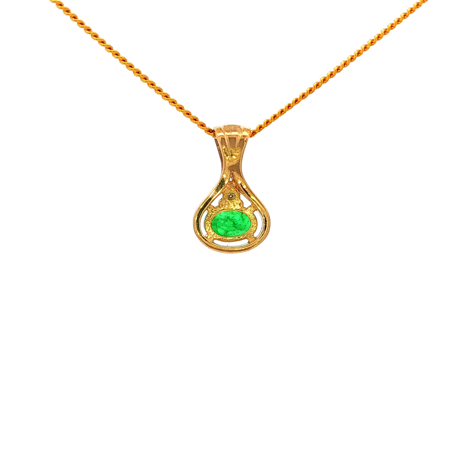 Four Claw Oval Emerald and Diamond Pendant in Yellow Gold
