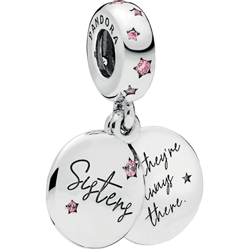 Forever Sisters Silver Hanging Charm w Pink CZ