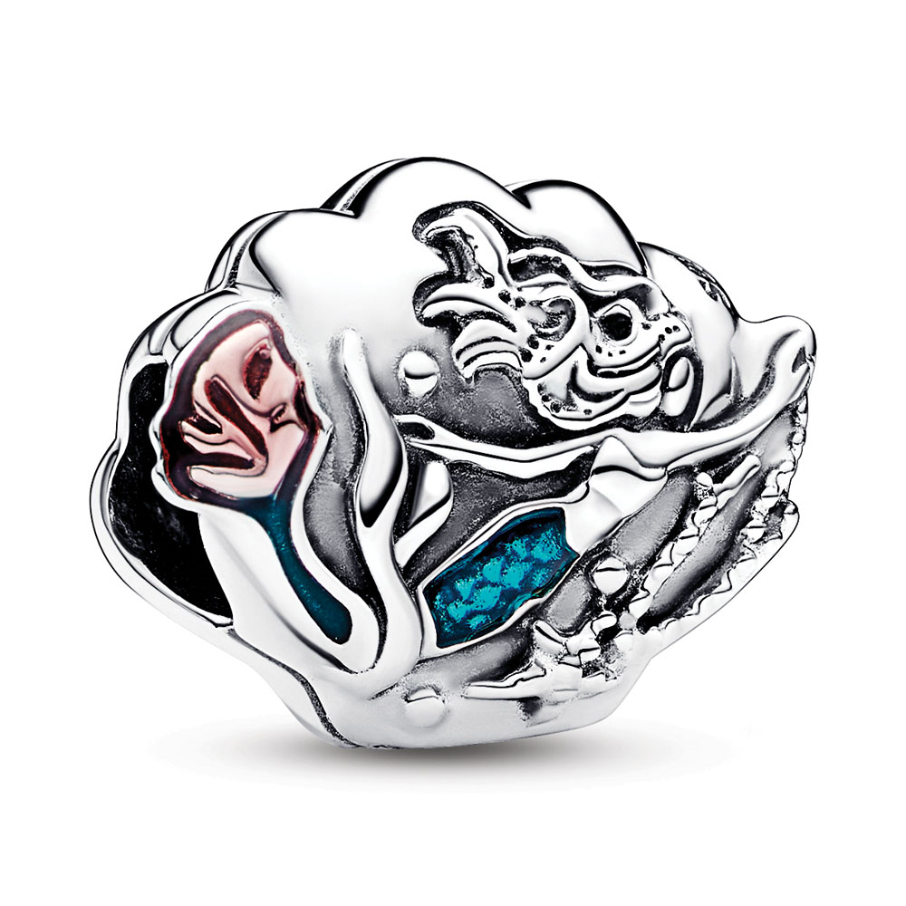 Disney The Little Mermaid Ariel shell sterling silver charm with cerise crystal, green, blue, transparent cerise and teal enamel
