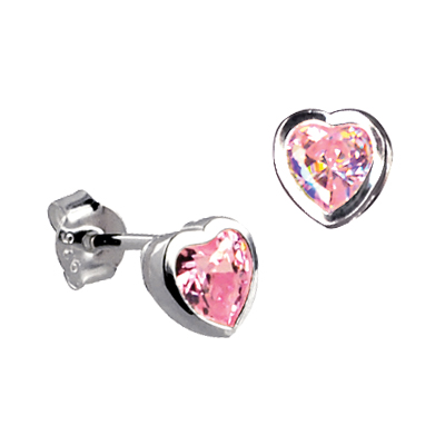 Sterling Silver Pink CZ Heart Stud Earring