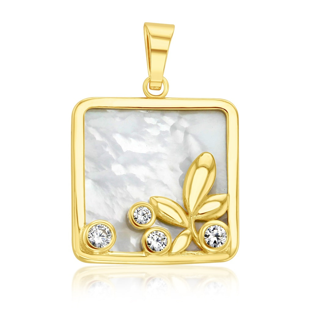 Square M.O.P. CZ Floral Pendant in Yellow Gold