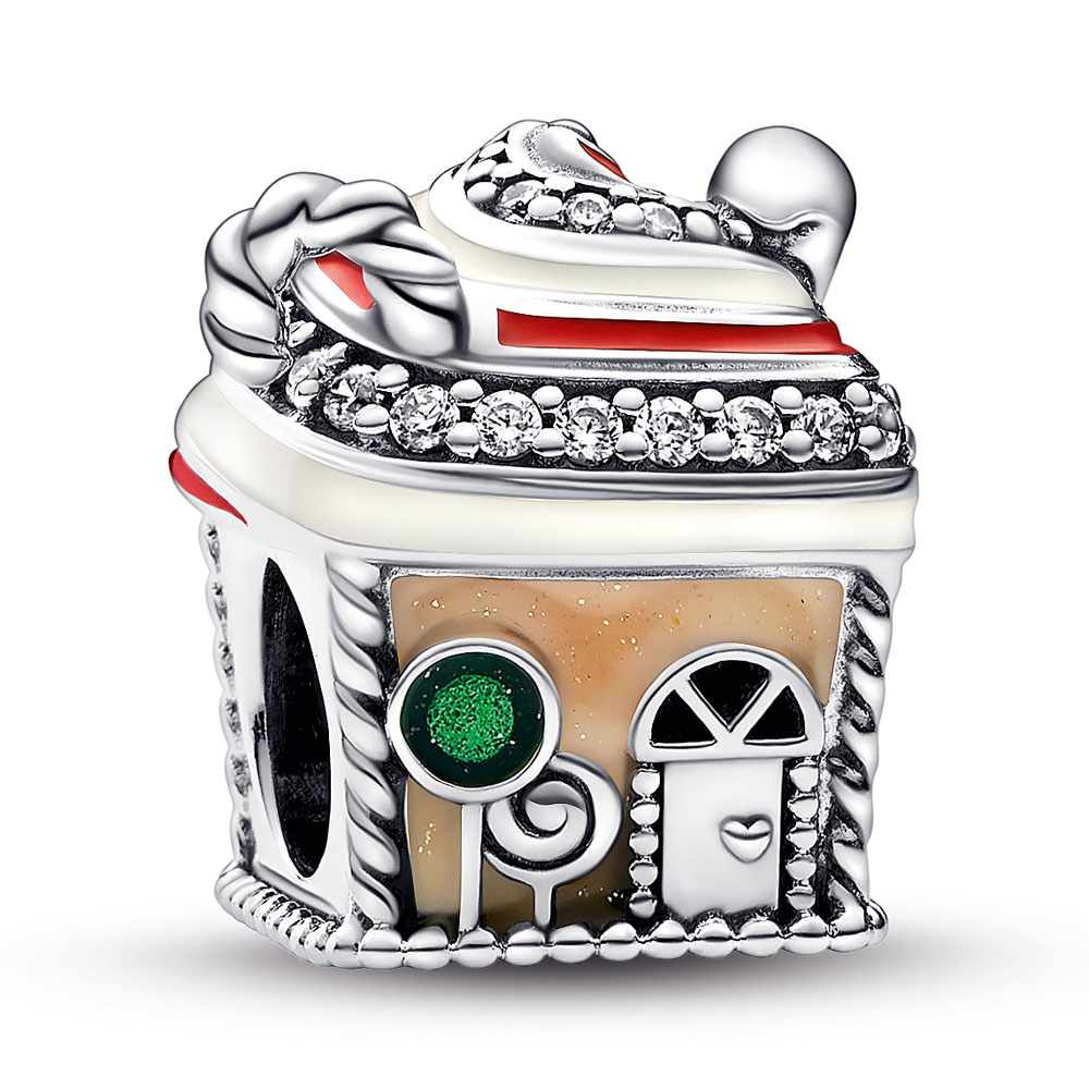 Gingerbread house sterling silver charm with clear cubic zirconia, white, red, brown and green enamel
