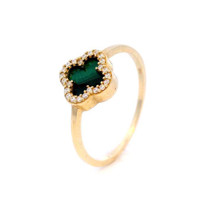 Malachite Clover Dress Ring with Cubic Zirconia Surround in 9 Carat Yellow Gold