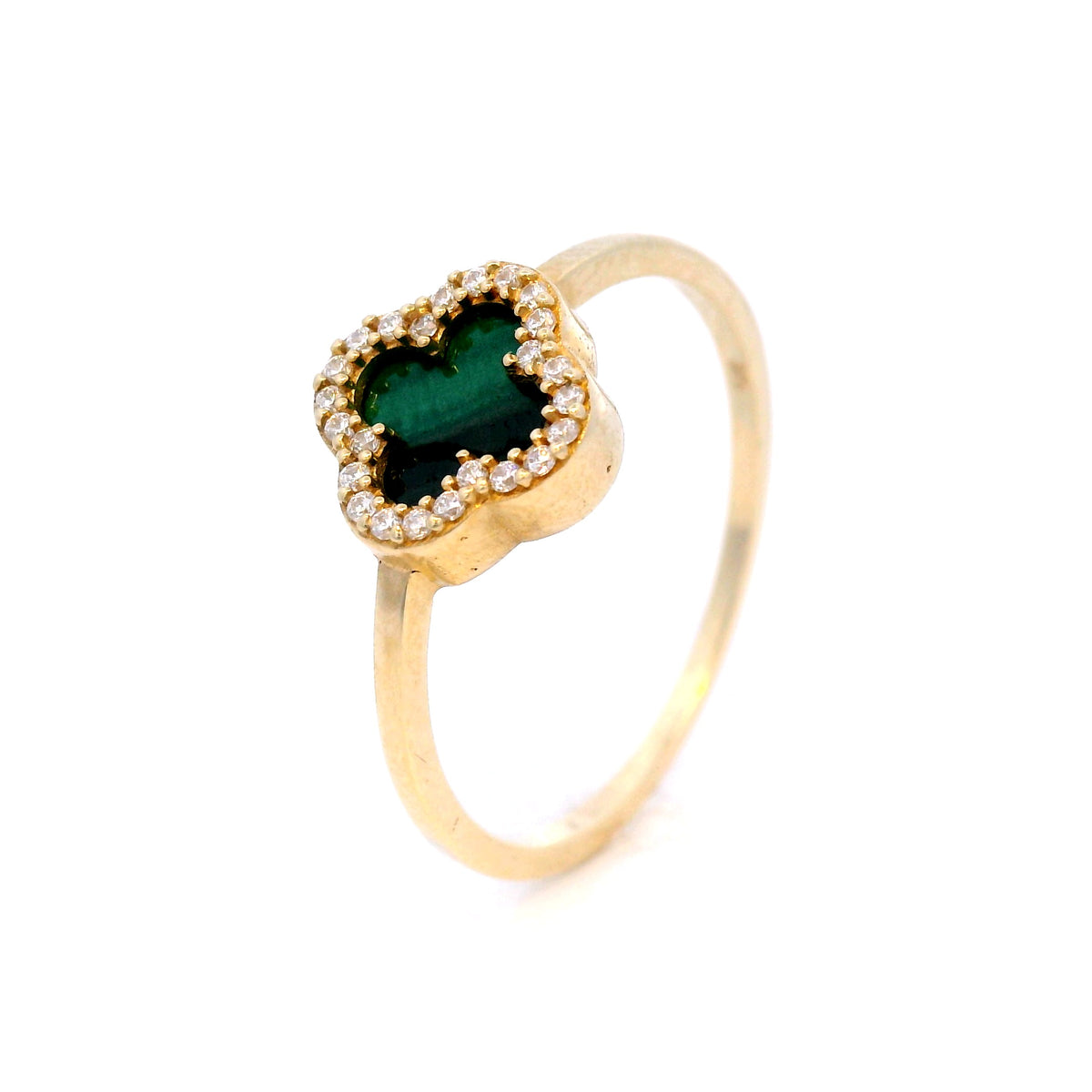 Malachite Clover Dress Ring with Cubic Zirconia Surround in 9 Carat Yellow Gold