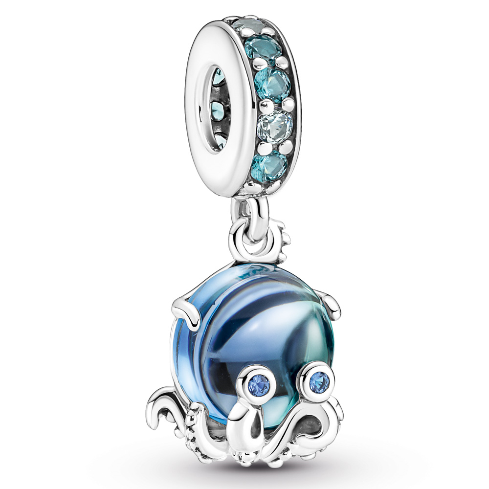 Octopus sterling silver dangle with bleached aqua blue, icy green, stellar blue crystal and bi-color green blue Murano glass