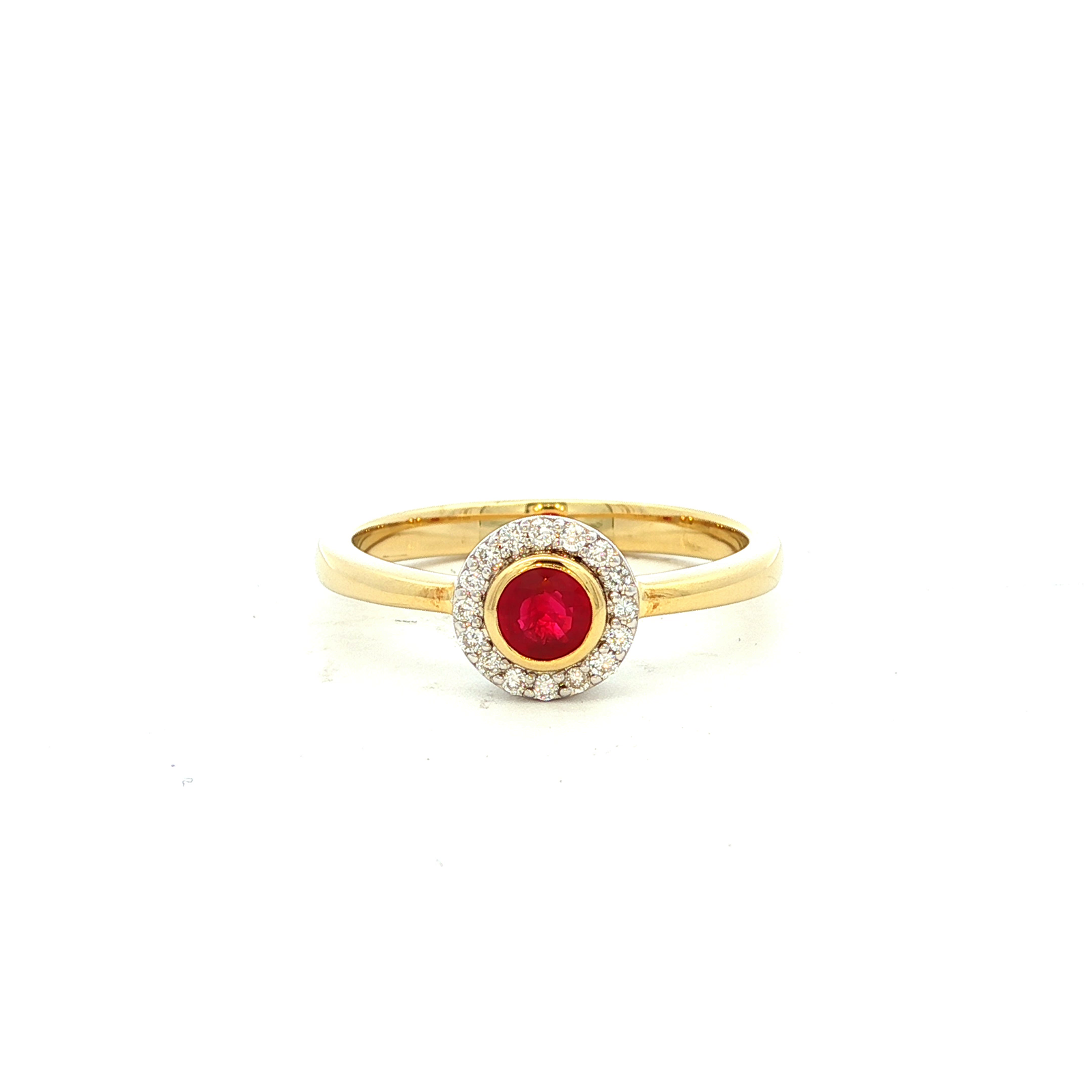 Ruby and Diamond Halo Ring in Yellow Gold