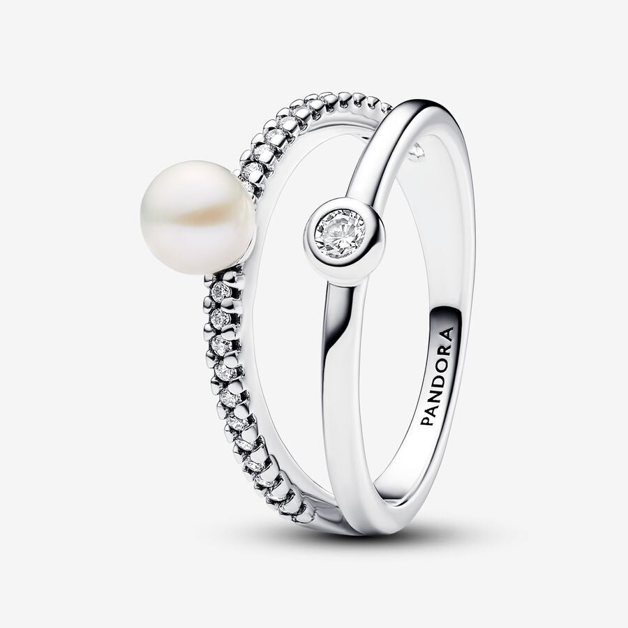 Sterling silver ring with white treated freshwater cultured pearl and clear cubic zirconia