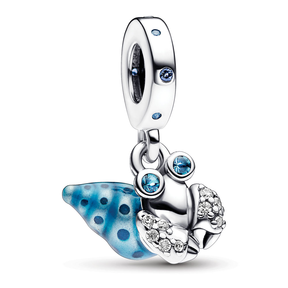 Hermit crab sterling silver dangle with stellar blue, icy green crystal, clear cubic zirconia and blue glow-in-the-dark ena