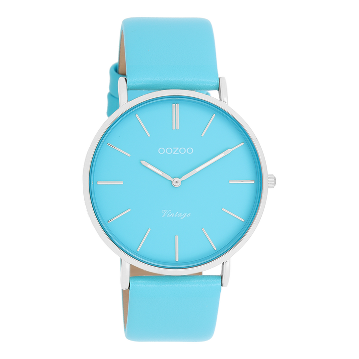 Silver Coloured Oozoo Watch with Bright Blue Leather Strap