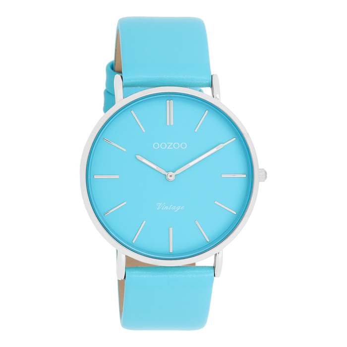 Silver Coloured Oozoo Watch with Bright Blue Leather Strap