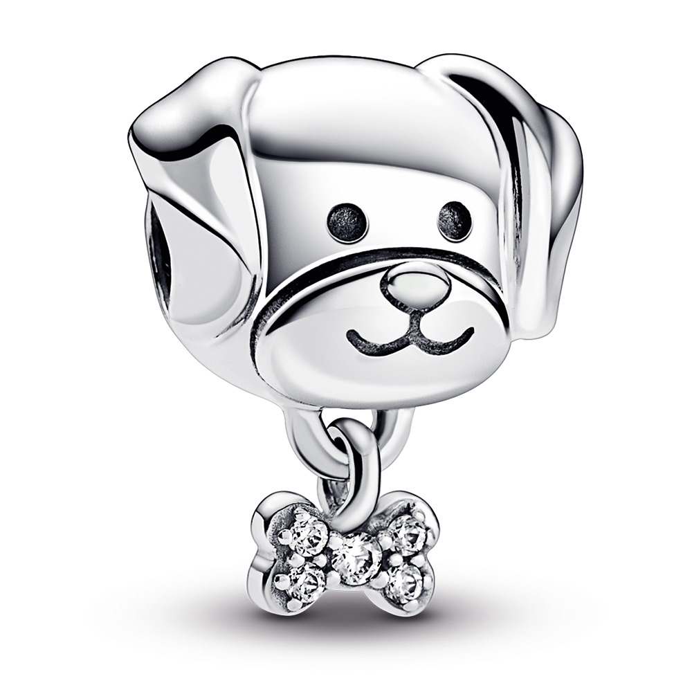 Dog sterling silver charm with clear cubic zirconia