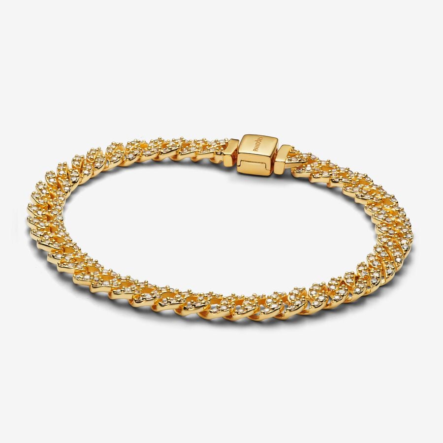 Cuban chain 14k gold-plated bracelet with clear cubic zirconia