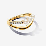 Treated Freshwater Cultured Pearl & Organically Shaped Double Band Ring