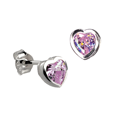 Sterling Silver Heart Stud Earring With One Lavender Cubic Zirconia
