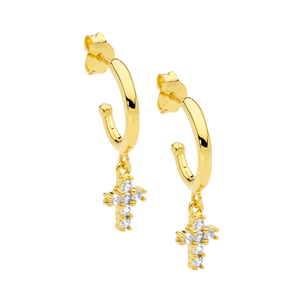 Ellani Yellow Gold Cubic Zirconia Cross Drop Earrings