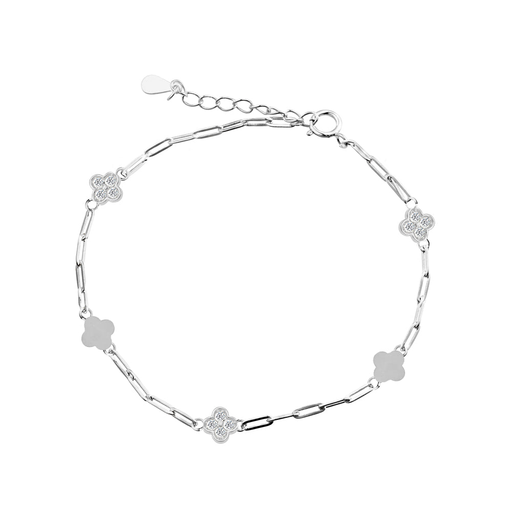 Sterling Silver Paperclip Mother of Pearl & CZ Floral Bracelet