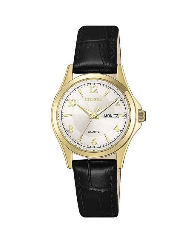 Citizen Women's Quartz Watch | Textured Black Leather Strap, Gold-Tone Case
