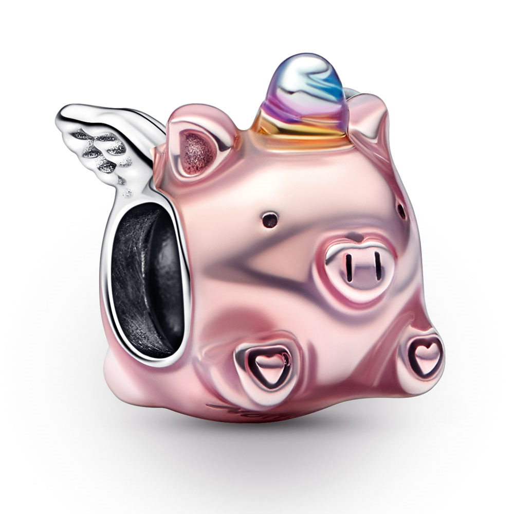 Flying pig sterling silver charm with transparent light pink, blue, violet and yellow enamel