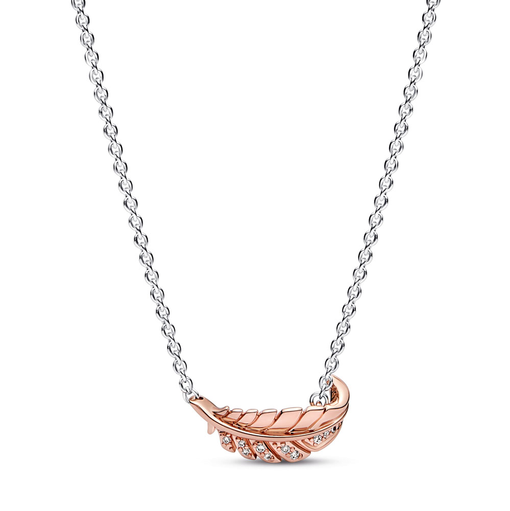Feather sterling silver and 14k rose gold-plated collier with clear cubic zirconia