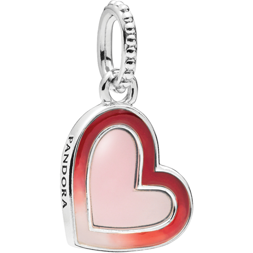D19 Asymmetric Heart of Love silver hanging charm w shaded red and pink enamel