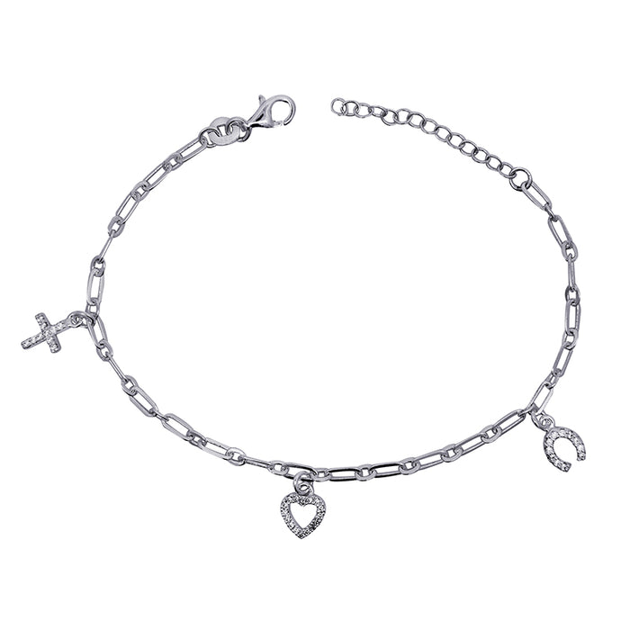 Sterling Silver Charm Bracelet with White Cz Cross, Open Heart & Horseshoe