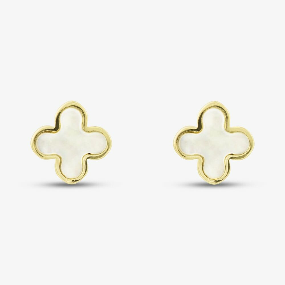 Mother Of Pearl Clover Stud Earrings In 9K Yellow Gold