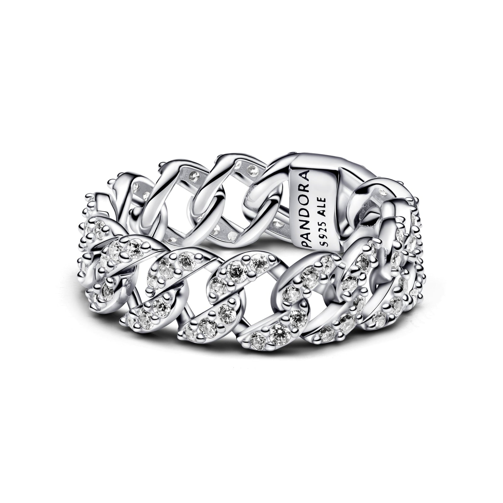 Cuban chain sterling silver ring with clear cubic zirconia