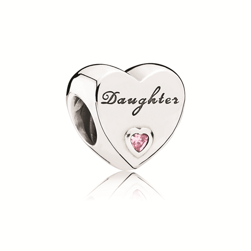 Inscribed Daughter Silver Heart Charm w Pink CZ
