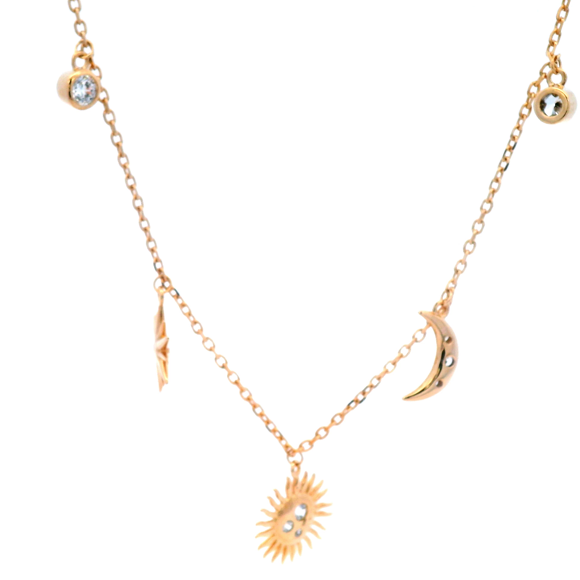Sun/Star/Moon Station Necklace In Yellow Gold