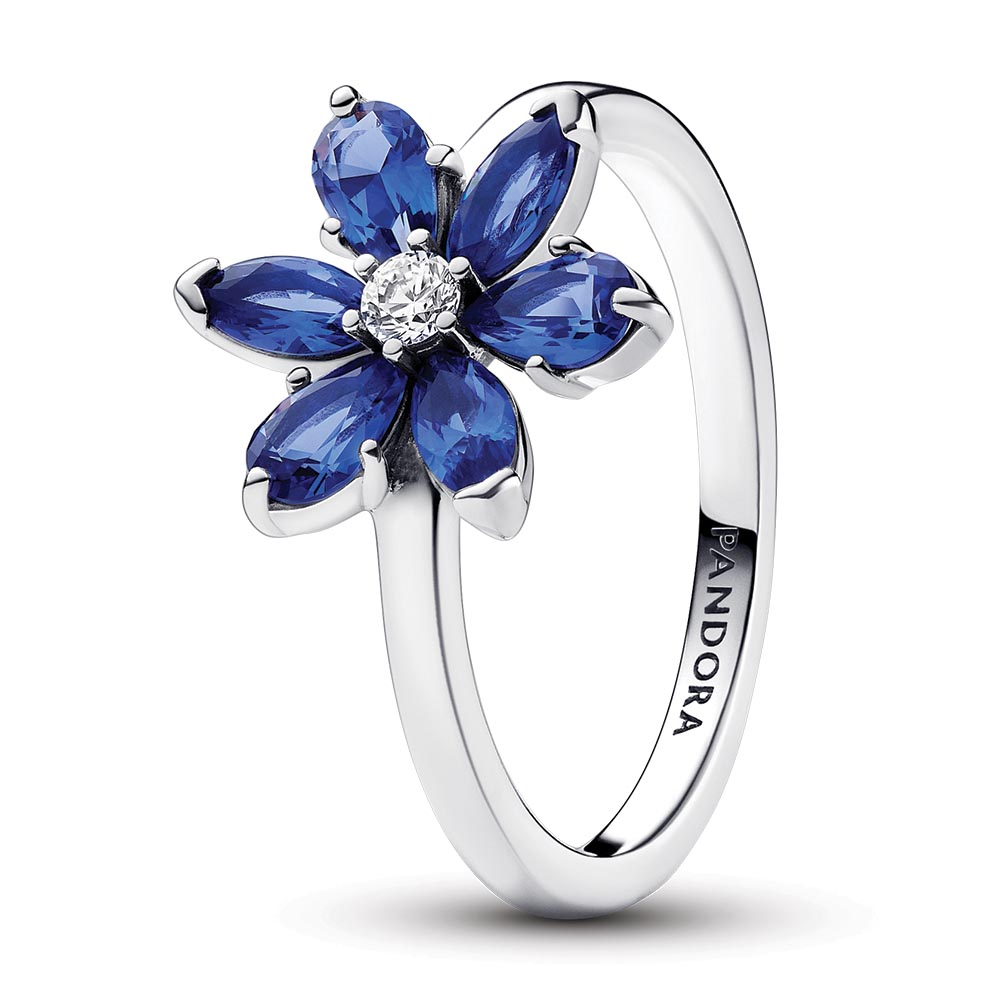 Herbarium cluster sterling silver ring with princess blue crystal and clear cubic zirconia