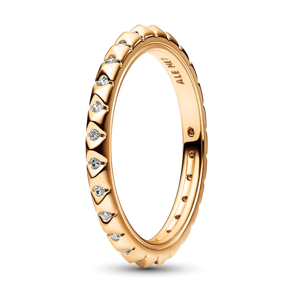 14k Gold-plated pyramid studded ring with clear cubic zirconia