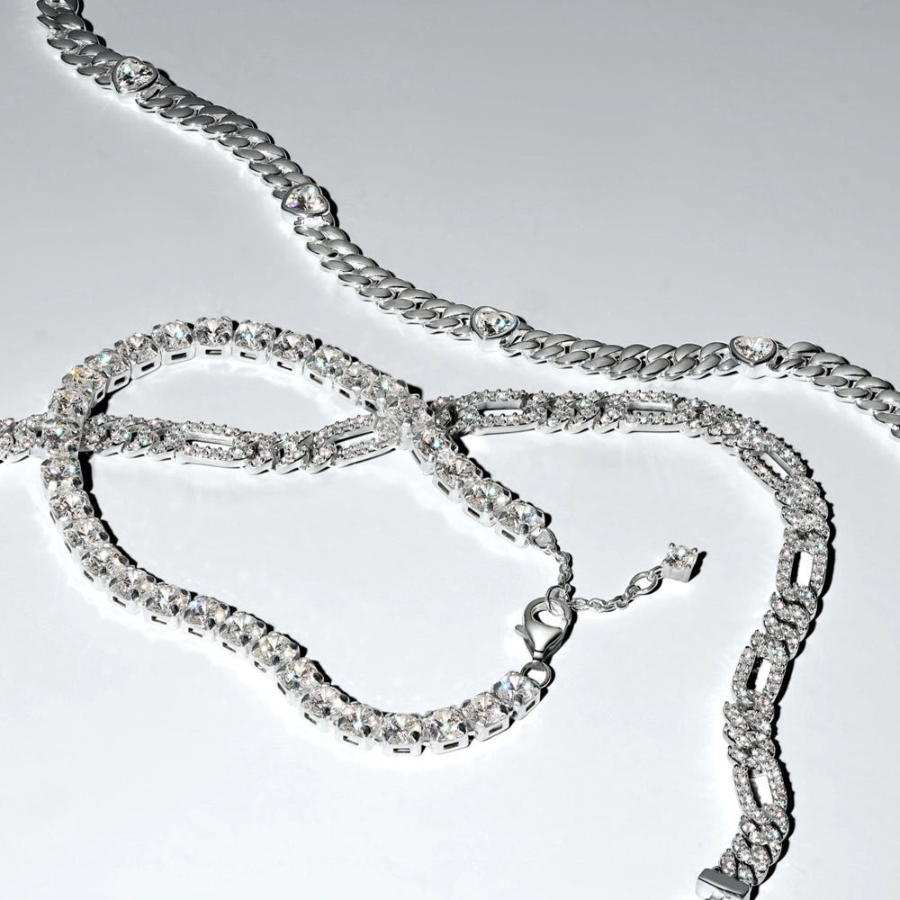 Oval cuban chain sterling silver bracelet with clear cubic zirconia