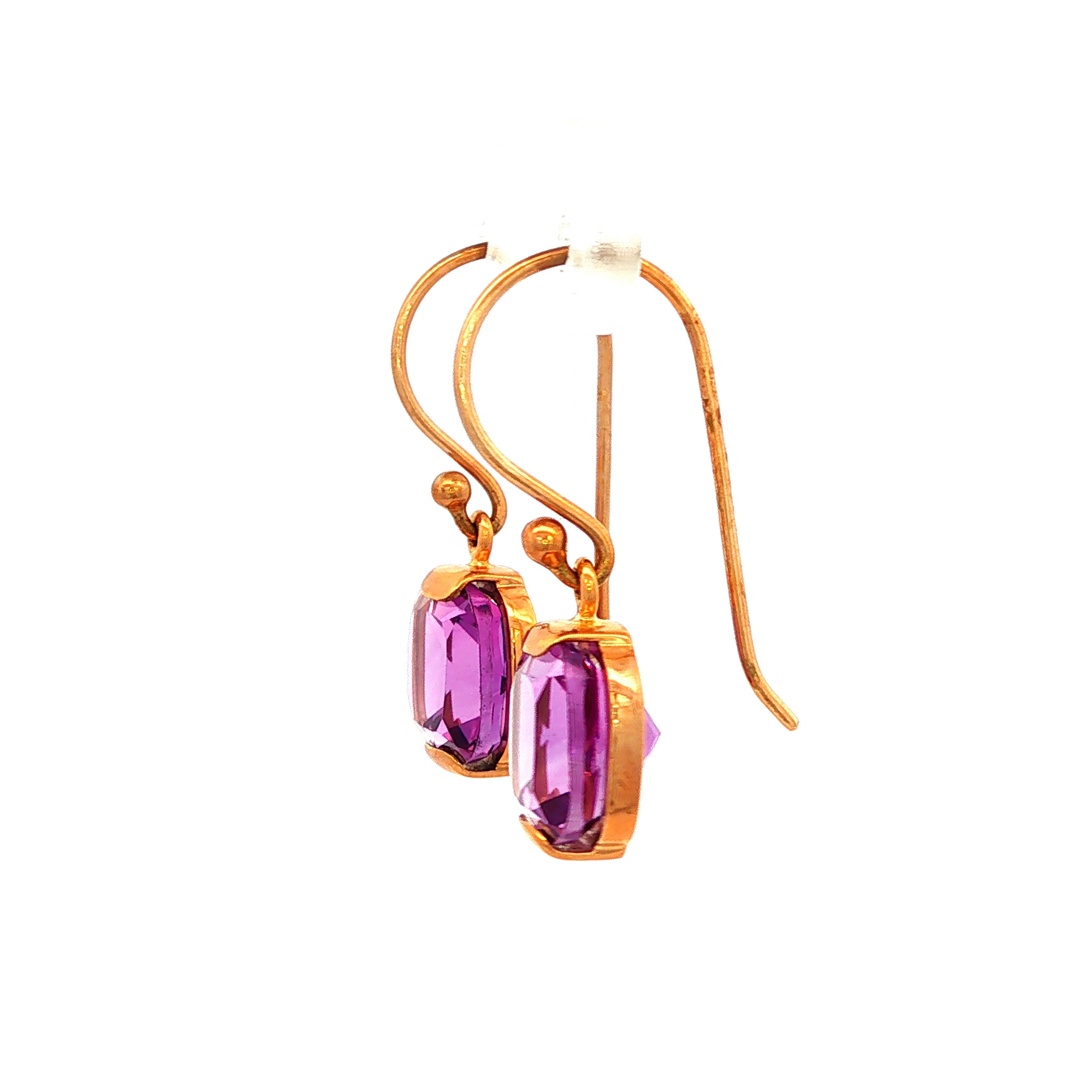Cushion Cut Purple Amethyst Earrings in Yellow Gold