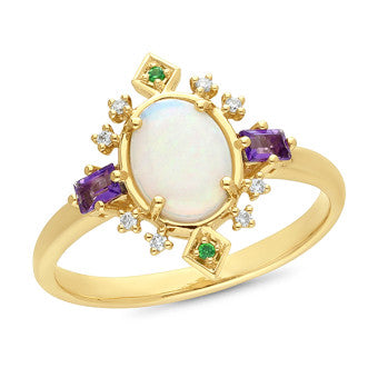 Amethyst and Opal - Crystal &amp; Tsavorite Green in Yellow Gold