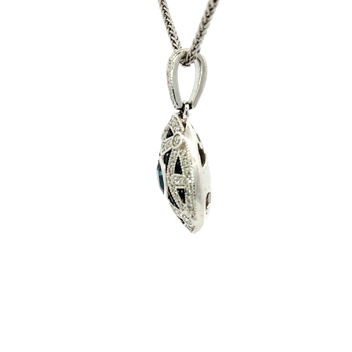 Blue Sapphire & Diamond Art Deco Pendant in White Gold