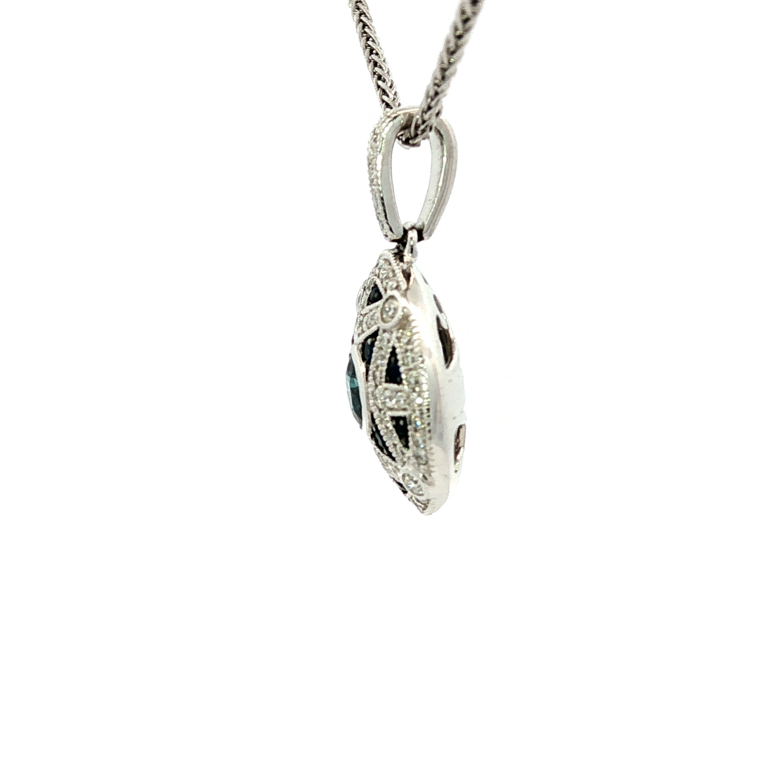 Blue Sapphire & Diamond Art Deco Pendant in White Gold