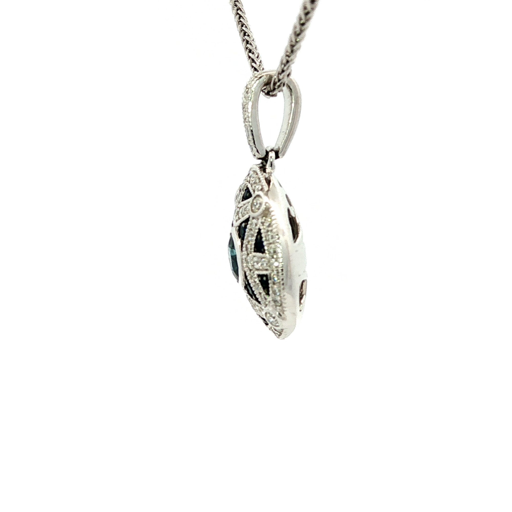 Blue Sapphire & Diamond Art Deco Pendant in White Gold