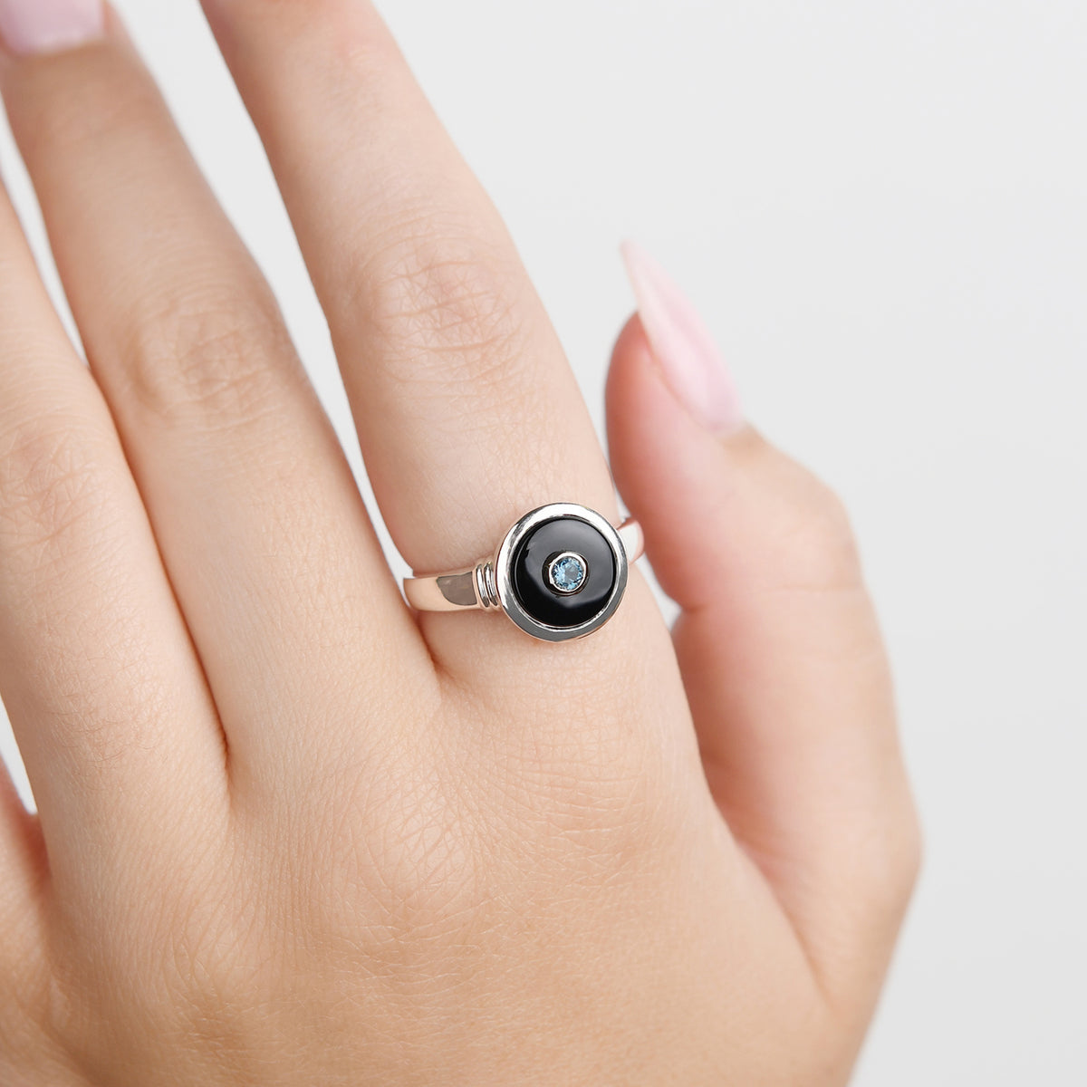 Sterling Silver 12mm Round Black Onyx and Blue Topaz Ring