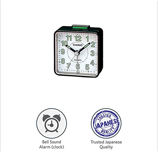 Casio Travel Alarm Clock with White Dial and Black Case. Model: TQ140